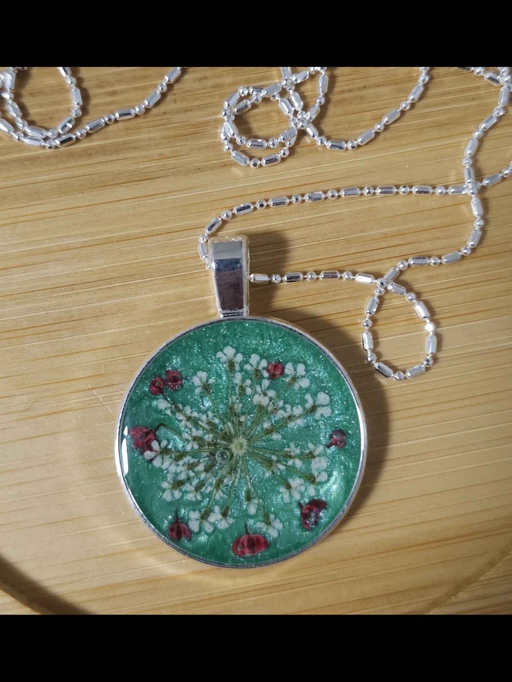 Handmade Green Floral Resin Pendant With Sterling Silver Chain